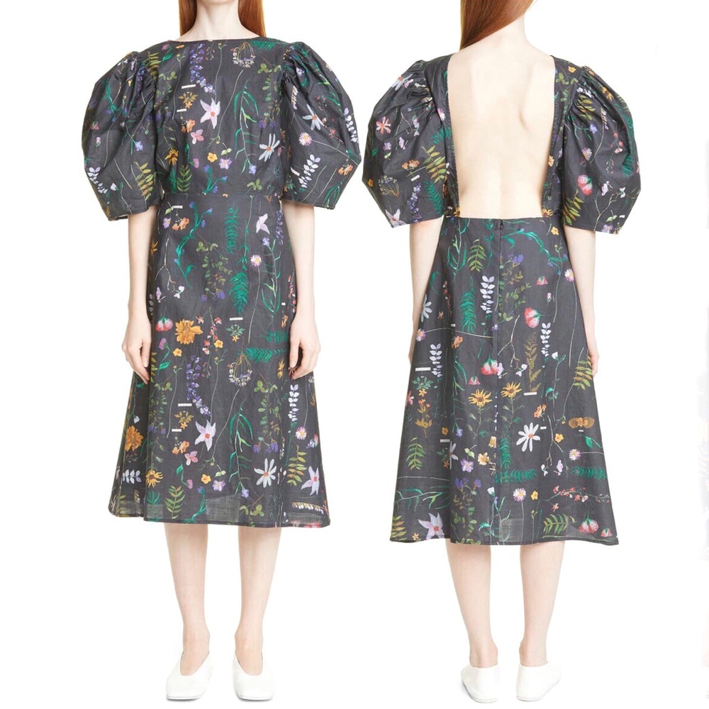 Dauphinette Bleeding Hearts Scrapbook Floral Open Back Midi Dress Black Sz 8 NWT